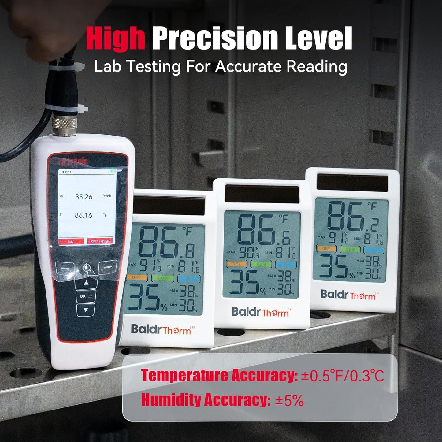 BaldrTherm Room Thermometer Indoor Humidity Meter Solar Powered with Max/Min Memory & Comfort Indicator - 3.2" Large Display for Home, White