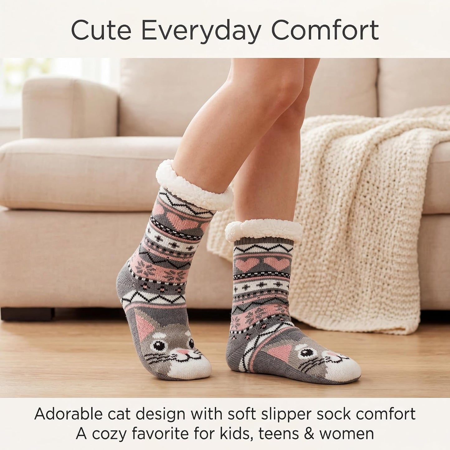 cosyone1997 Fuzzy Slipper Socks for Women Kids with Grips, Cute Animal Sherpa Lined Non-Slip Cozy Winter Socks Gifts