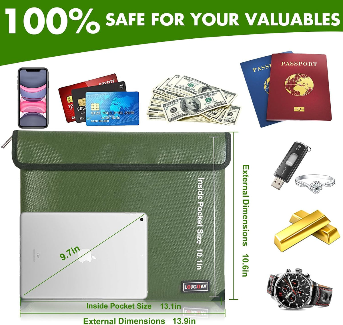 Fireproof Document Bag - with 5200°F Heat Insulated, Waterproof Fireproof Bag with Zipper, 8 Layers of Functional Materials, Fireproof Money Bag for Cash/Documents/Valuables, Fire bag 11"x7.7"