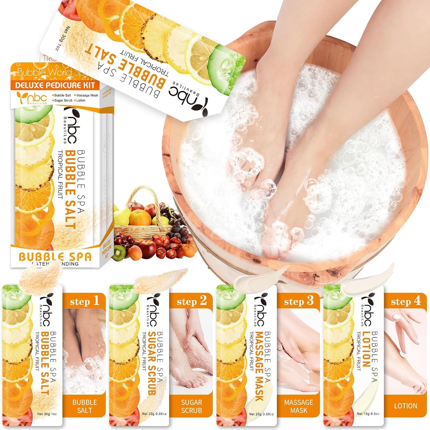 Pedicure Kit Foot Soak Set: Bubble Salt, Sugar Scrub, Massage Mask, Massage Lotion in a Box, 4 Step Foot Spa Kit for Dry Feet, Softens Calluses, Tired Feet（3 Set Lavender) - Colors B