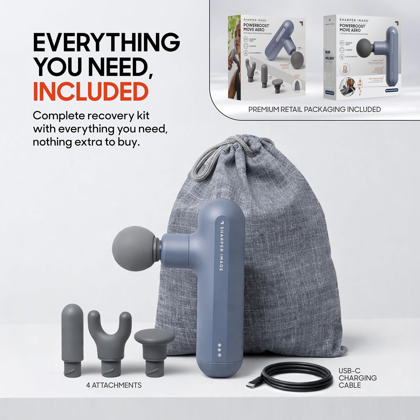 Sharper Image Deep Tissue Percussion Massage Gun, Powerboost Move Evo Hot & Cold Rechargeable Handheld Massager, 4 Adjustable Speeds, 5 Attachment Heads & Carrying Case, for Muscle Pain Relief, Blue