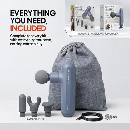 Sharper Image Deep Tissue Percussion Massage Gun, Powerboost Move Evo Hot & Cold Rechargeable Handheld Massager, 4 Adjustable Speeds, 5 Attachment Heads & Carrying Case, for Muscle Pain Relief, Blue