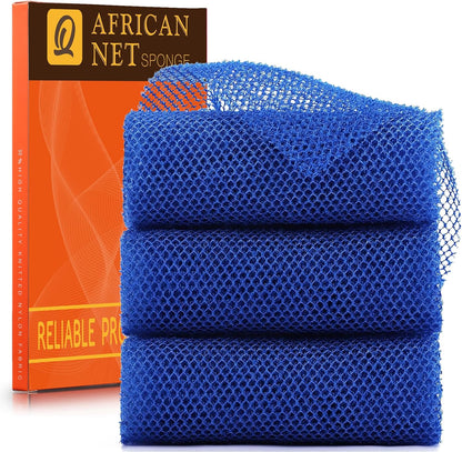 UJFQBH 3 Pieces African Bath Sponge African Net Long Net Bath Sponge Exfoliating Shower Body Scrubber Back Scrubber Skin Smoother,Great for Daily Use (Pink,Yellow,Purple)