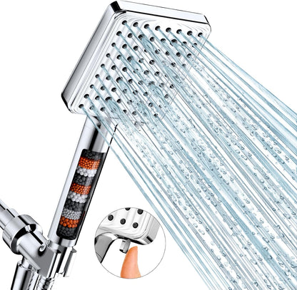 MakeFit Filtered Shower Head Black - 6 Modes High Pressure Handheld Shower Head with Filter Mineral Beads, Detachable Handheld Showerhead Set with Stainless Steel Hose and Shower Arm Bracket