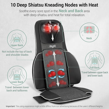 Mynt FSA Eligible HSA Approved Shiatsu Neck and Back Massager for Chair with 10 Deep Kneading Nodes, 2D & 3D Back Massage with Heat, Portable Spot Massage Chair Pad (Black)