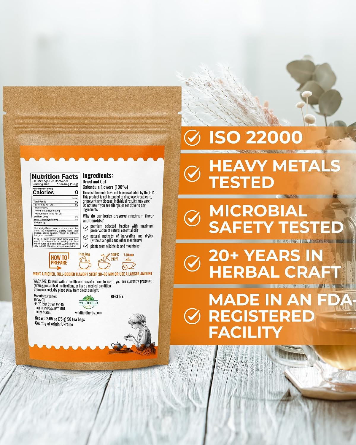 50 Bags Calendula Tea Dried Flowers Herbal Tea (Calendula Officinalis) - 50 Count 1.5 g Flower Herb