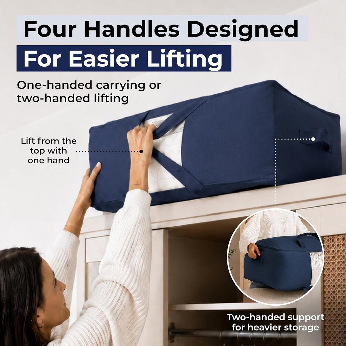 Soft Canvas Storage Bags with Zipper. Thick Breathable, 2pc King/Queen Comforter Organizer. Four Carrying Handles and Window. Large 25x19x9in Bag for Sheets Blankets Bedding Pillows, Clothes