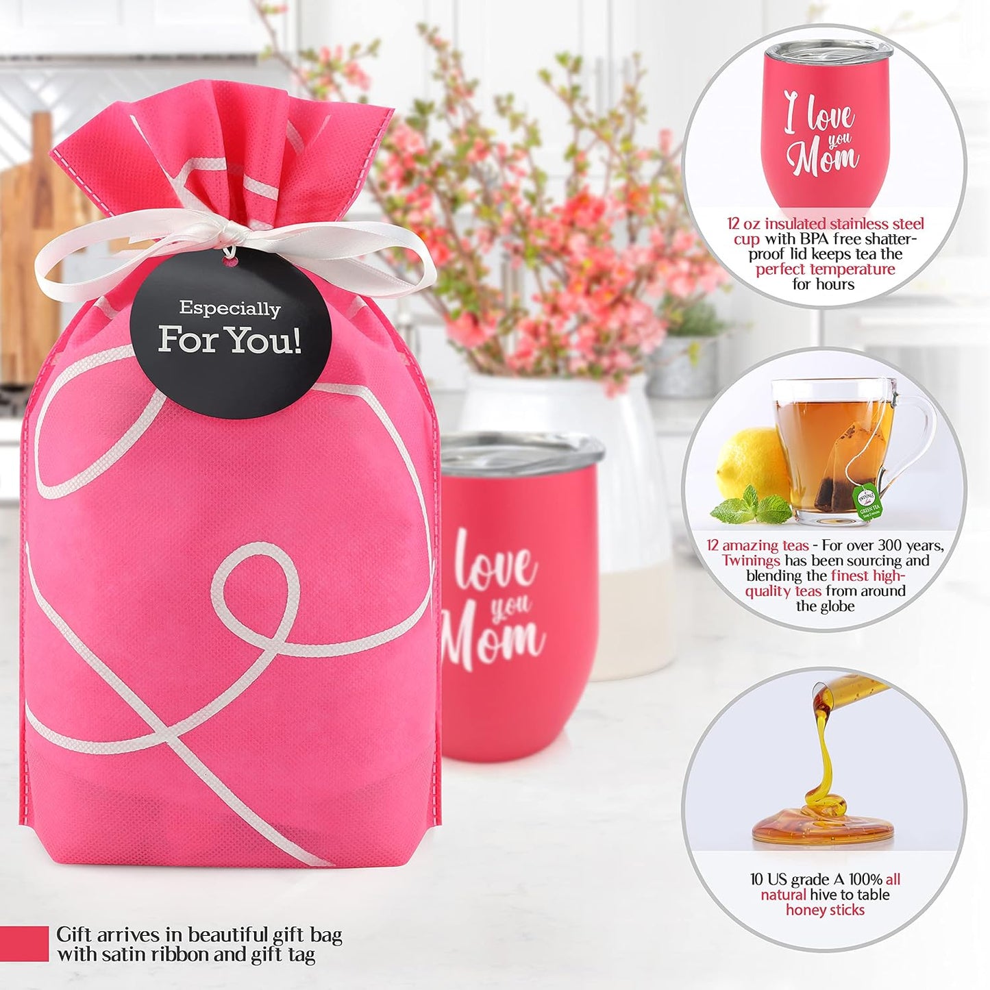 Tea Lovers Gifts Basket - Gift Set Include Temperature Retention Cup 12 Special Blend Teabags & Honey Presented in Beautiful Gift Bag For Women & Men - Birthday, Get Well, Thinking of You Care Package
