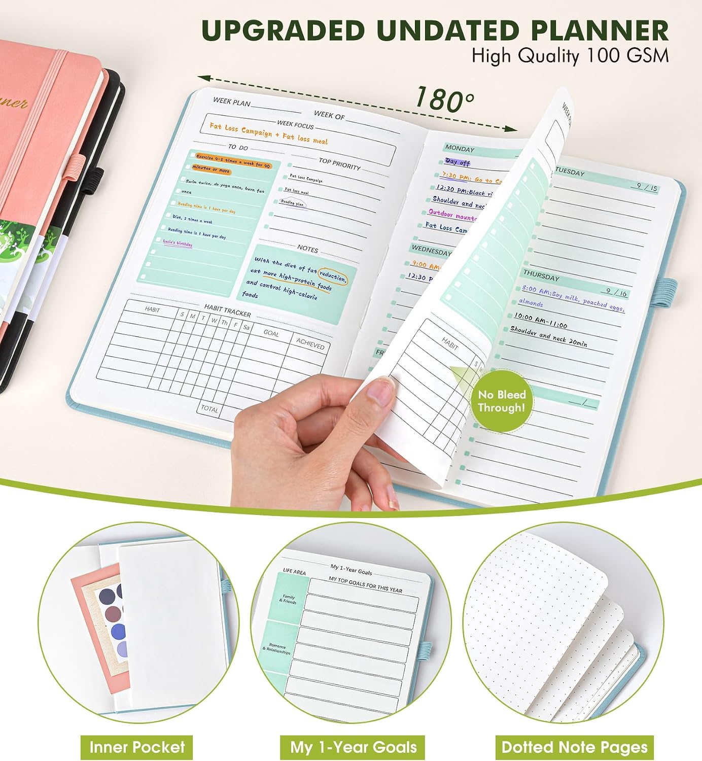 Undated Weekly and Monthly Planner, Hardcover Leather Calendar Blank Planner, Simplified To Do List Notebook with Goal & Habit Tracker Organizer, A5 Daily Weekly Planner for Work School Home, Black
