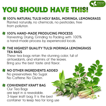 FreshDrinkUS, Premium Tulsi Moringa Lemongrass Tea, 75 Count, No Caffeine
