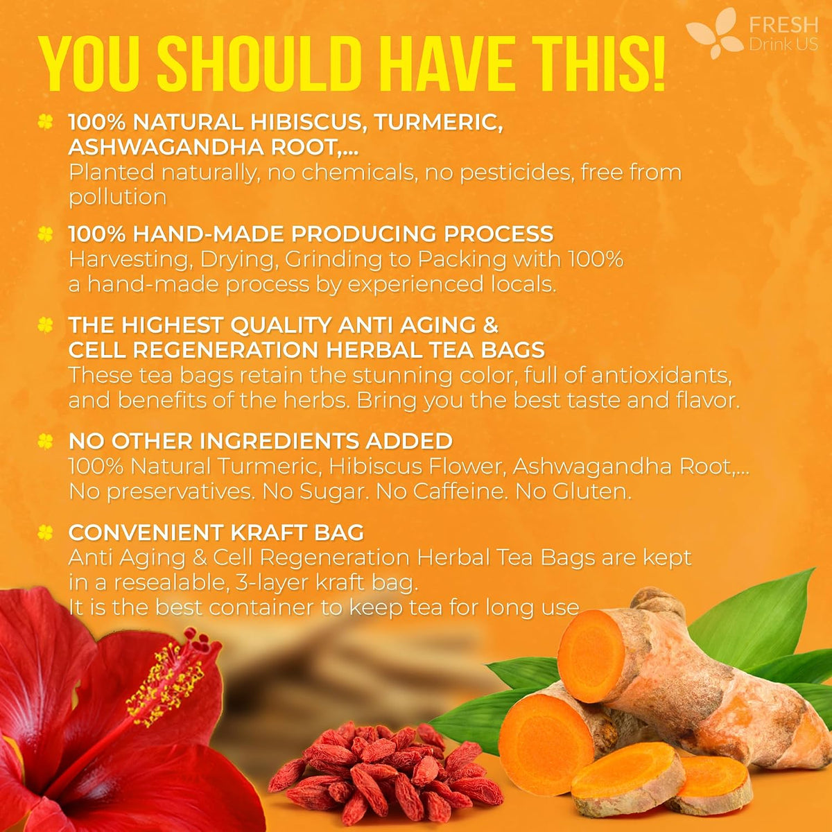 FreshDrinkUS, Premium Harmony Herbal Tea | 60 Tea bags | 100% Natural Turmeric, Hibiscus, Ashwagandha, Goji Berry, Reishi, Cinnamon & Orange Peel – Naturally Aromatic Caffeine-Free Tea