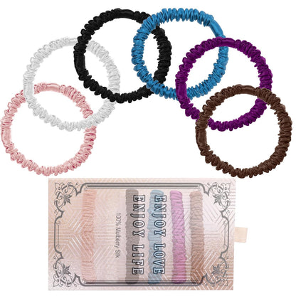 22 Momme 6PCS 100% Mulberry Silk Hair Ties Small Silk Scrunchies for Women Girls Curly Thick Thin Hair .Women's Black Cute Satin Sleepy Bulk Hair Tie Scrunchie Sleep