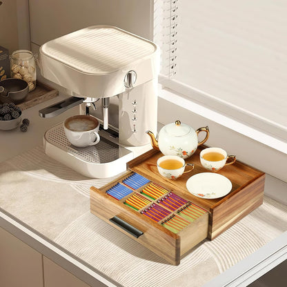 Acacia Wood Tea Bag Organizer with Drawer - 12-Compartment Tea Storage Box