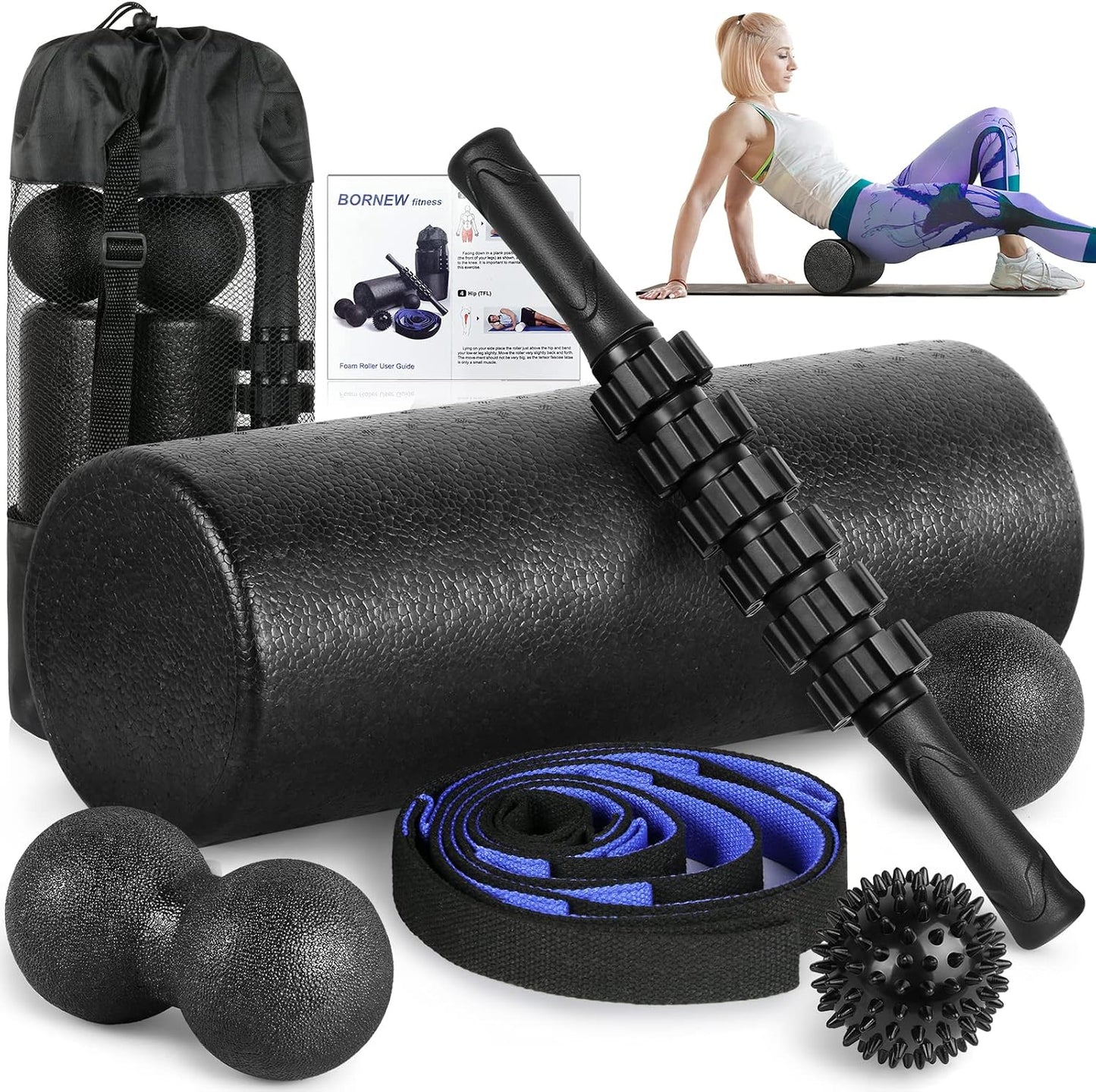 Foam Roller Set - High Density Back Roller, Muscle Roller Stick,2 Foot Fasciitis Ball, Stretching Strap, Massager Ball for Whole Body Physical Therapy & Exercise, Yoga, Back Pain, Leg, Deep Tissue