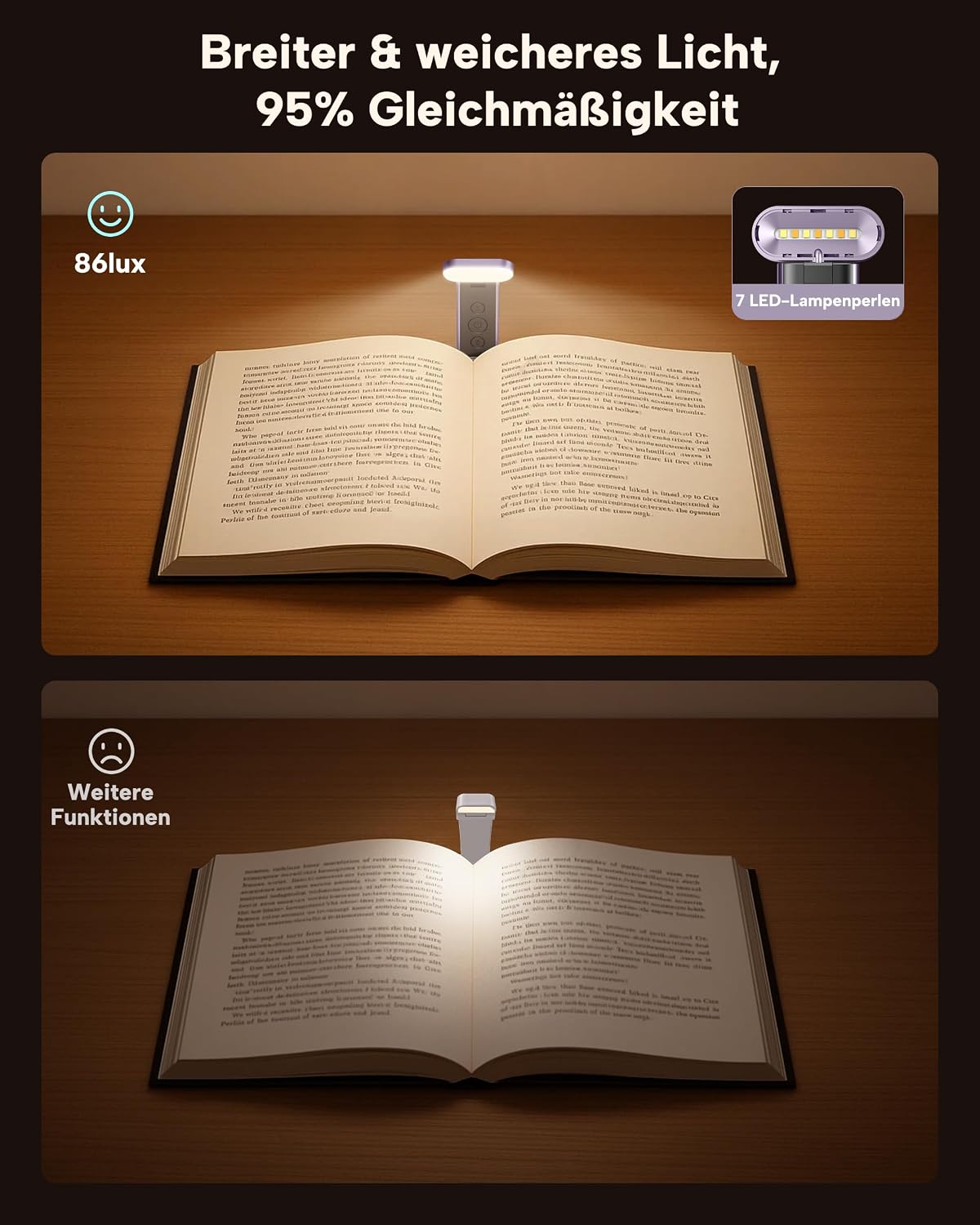 86lux Book Light, Rechargeable Reading Light for Book in Bed