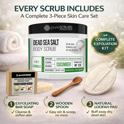 pureSCRUBS Premium Cucumber Body Scrub Set, Exfoliating Dead Sea Salt Scrub