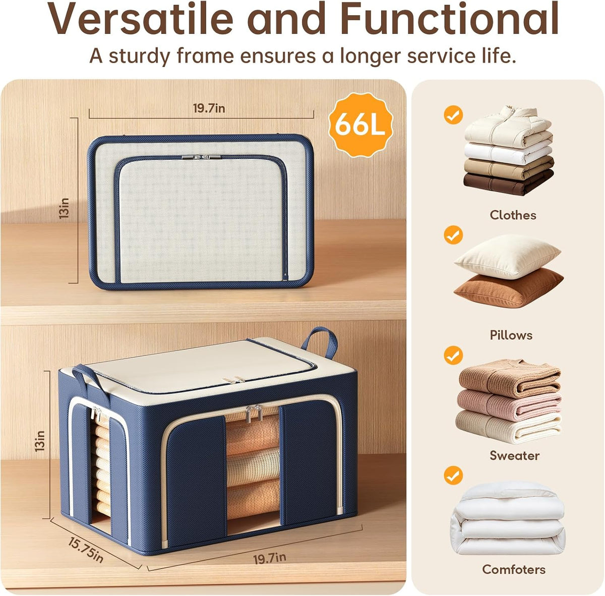 Clothes Storage Bins with Metal Frame Foldable Storage Box Clothes Organizers Storage Containers for Clothes Sheets Blankets Books Toys Gifts and Holiday Decorations (66Lx3 Pack)