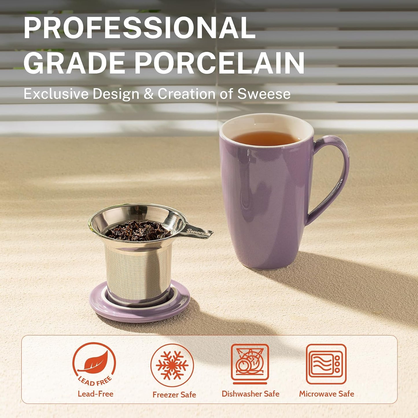 Sweese 15oz Porcelain Tea Mug with Infuser and Lid – Microwave Safe, Ergonomic Handle, Lead-Free Glaze, for Loose Leaf Tea