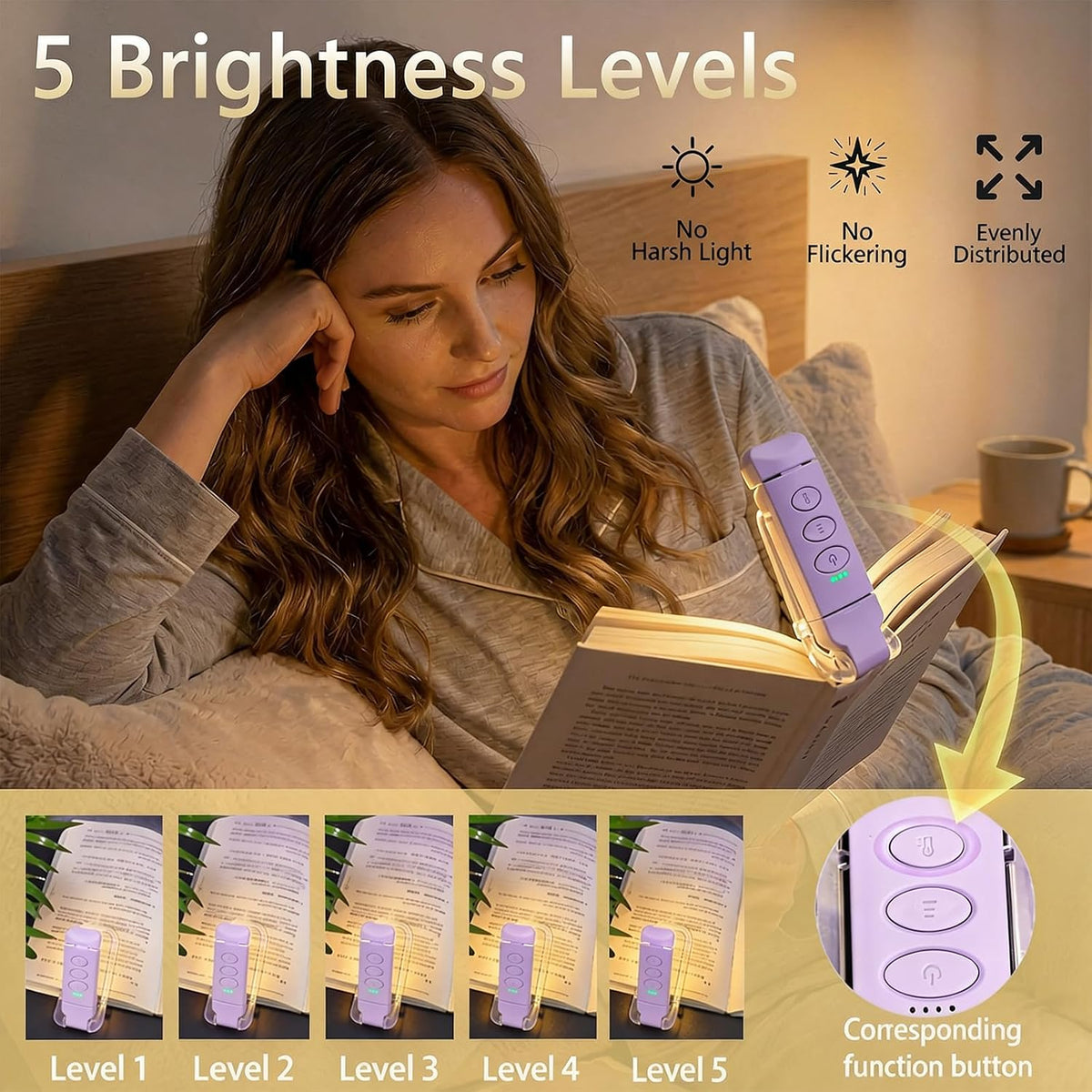 USB Rechargeable Book Light, Portable Clip-on LED Reading Light, Reading Lights for Books in Bed with 3 Amber Colors & 5 Brightness Dimmable, Compact & Long Lasting, Perfect for Book Lovers (Pink)