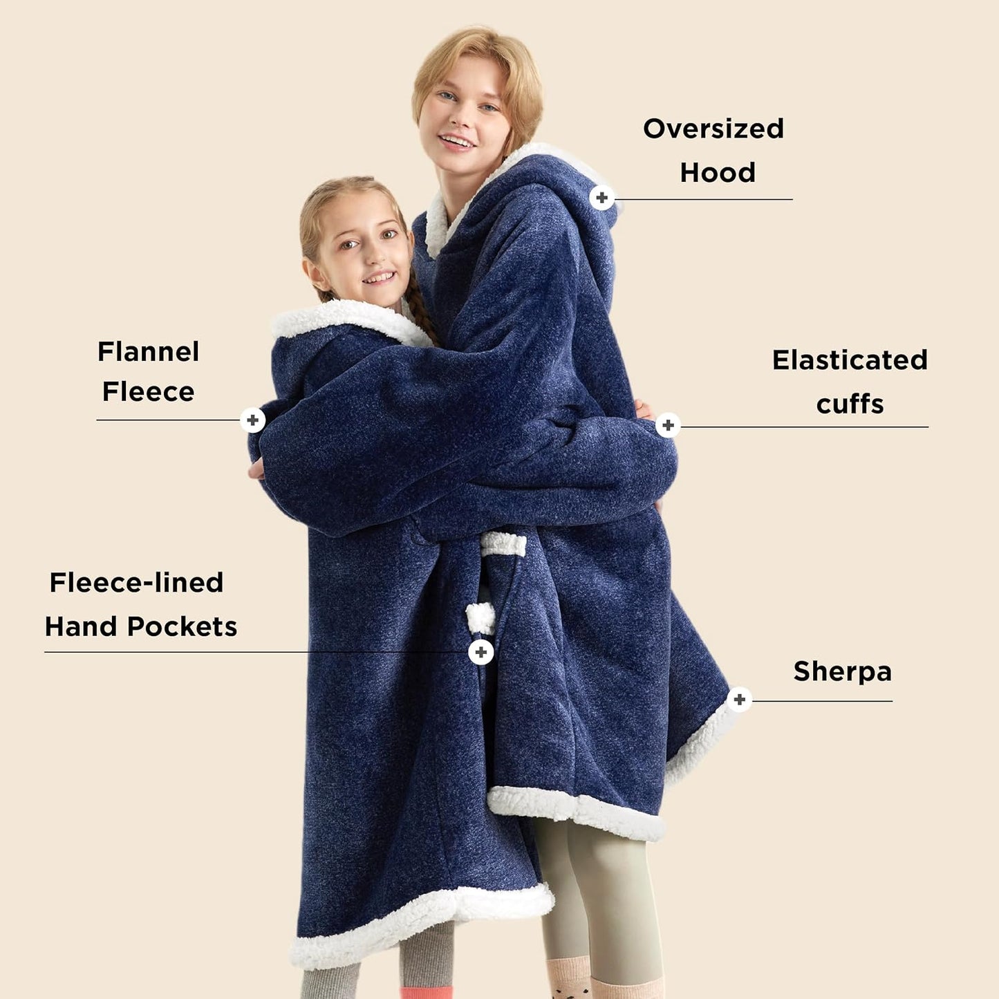 Bedsure Blanket Hoodie, Wearable Blanket Hoodie as Gifts for Mom, Birthday Gifts for Women Kids Teens Mother's Day Sherpa Sweatshirt, Grey, Standard