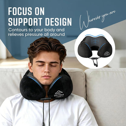 SkytraxComf® Travel Neck Pillow with Hood for Privacy on Long Flights | Memory Foam | Airplane Sleep | Safety-Tested Materials | Extra Large Hood | Chin Support | Earplugs | Washable Cover