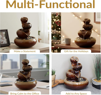 Sunnydaze 10" Tiered Vessels Ceramic Tabletop Fountain, Smooth Glaze, Brown