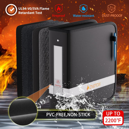 ENGPOW 3 Ring Binder,Fireproof 3 Inch D Ring Binder with Zipper,Holds 750 Sheets,Non-Stick,PVC-Free,Compatible with Clear Sheet Protectors,Portable School Office Home Safe Storage for Paper,Black