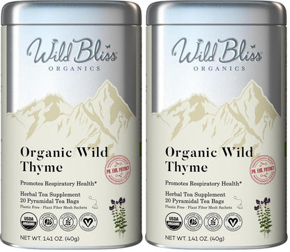 Wild Bliss Organic Wild Thyme Tea - Caffeine Free Respiratory Herbal Support - Pharmacopoeia Potency - 20 Plant Based Tea Bags (Pack of 2)