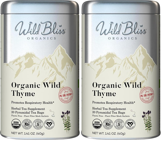 Wild Bliss Organic Wild Thyme Tea - Caffeine Free Respiratory Herbal Support - Pharmacopoeia Potency - 20 Plant Based Tea Bags (Pack of 2)