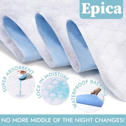 Epica Bed Pads Washable Waterproof - 34"x52" (2 Pack) Incontinence Bed Pads for Adults, Mattress pad to Protect Bed from Stains, Large Bed wetting Pads for Home & Hospital Use (500 Washes)