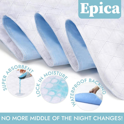 Epica Incontinence Bed Pads Washable Waterproof, 34"x52" (2 Pack), USA Made