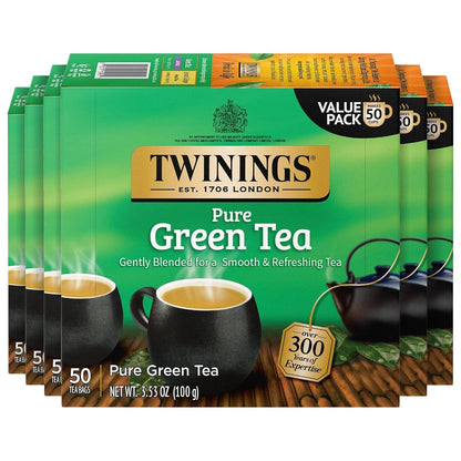 Twinings Pure Green Tea, Caffeinated, Tea Bags, 50 CT Box (6 Pack)