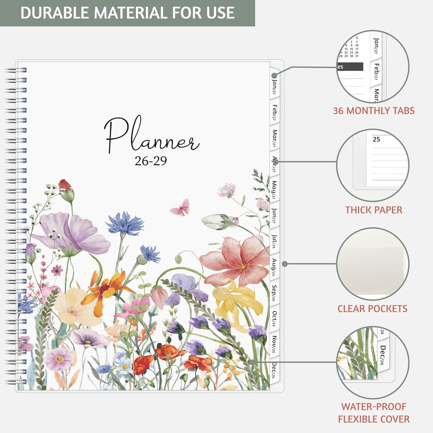 Monthly Planner 2026-2029, 36 Months Calendar Planner 2026-2029 from Jul 2026 – Jun 2029, 8.5'' x 11'' with Ruled Spread, Flexible Cover, Spiral Wirebound, Pocket, Coated Tabs, Notes ＆ Habit Tracker