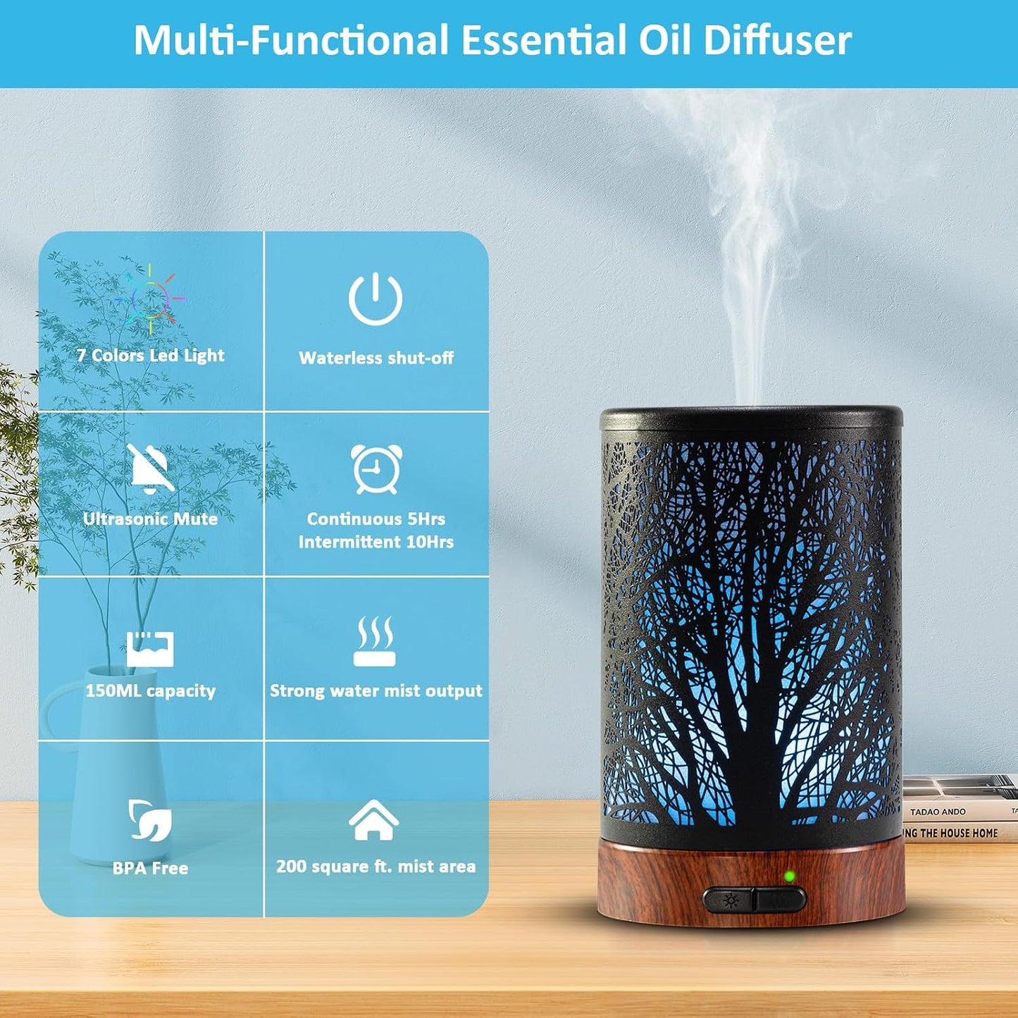 Essential Oil Diffuser - 150ML Metal Aromatherapy Diffuser for Essential Oils with 7 Colors Lights Gifts for Mom Auto Shut-Off & Ultrasonic Cool Mist Diffuser, Ambience for Home