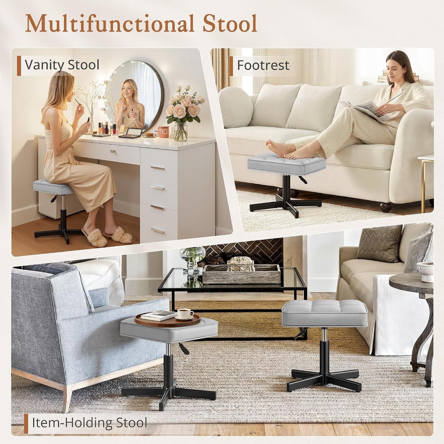 LUE BONA Adjustable Vanity Stool, Foot Rest Under Desk, 360° Swivel Vanity Chair for Makeup Room, Black Upholstered Faux Leather Ottoman for Bathroom & Living Room, 300lbs