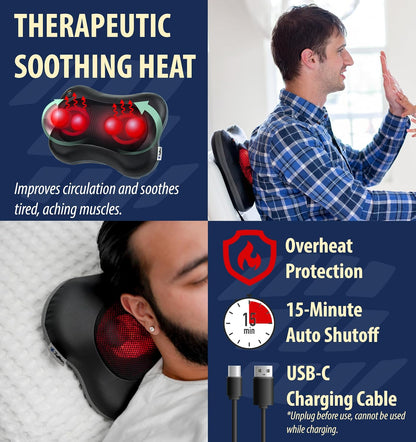Zyllion Shiatsu Back and Neck Massager with Heat - 3D Electric Kneading Deep Tissue Massage Pillow with 8 Massaging Nodes for Muscle Pain Relief, Black, ZMA-25