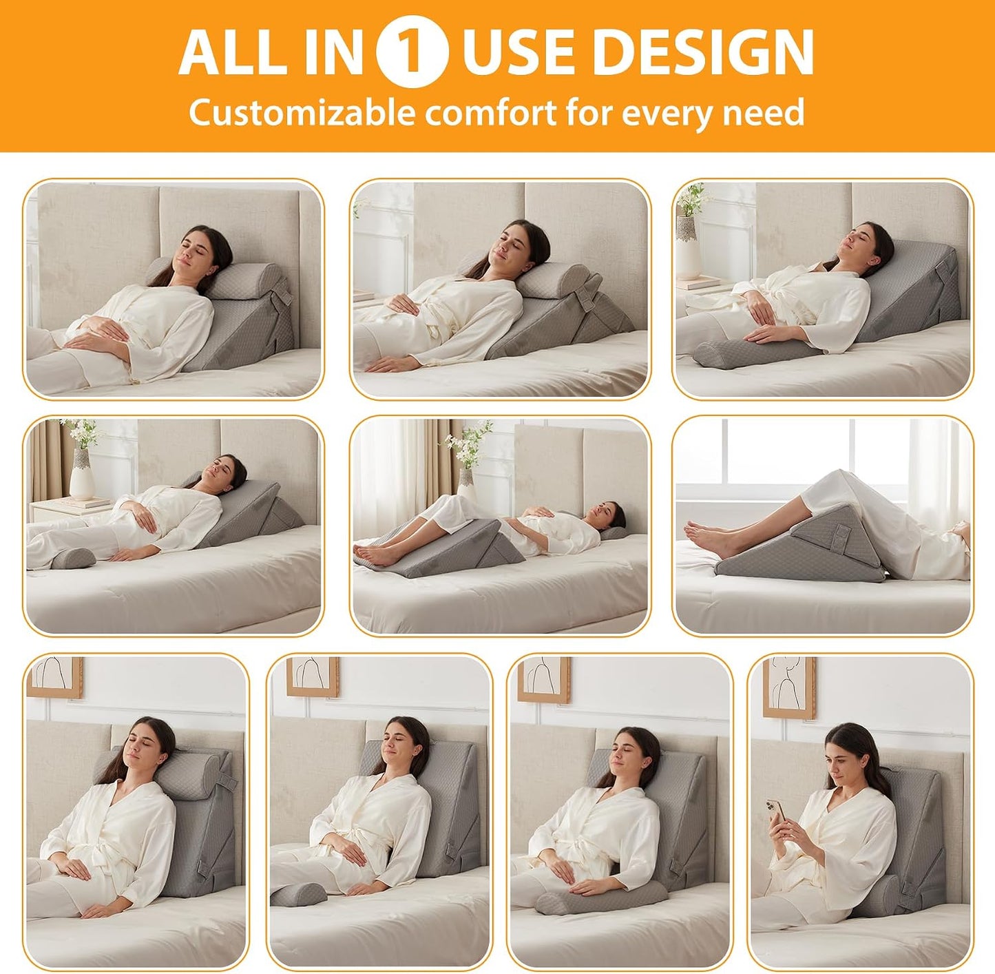 Ruqmuis Wedge Pillow Set for After Surgery, 3PCS Adjustable 9&12 Inch Bed Wedge Pillow for Sleeping, Incline Pillow Wedge for Headboard, Post Surgery, Acid Reflux, Neck&Back Support, White/Grey