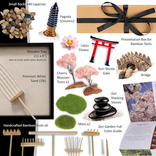 Island Falls Home Zen Garden Kit 11x8in. Beautiful Japanese Decor Mini Rock Feature Gift Set for Home, Office Desk. Zen Sand Garden, 6 Tools, 15 Accessories. Sand Tray Therapy Desktop Meditation Room