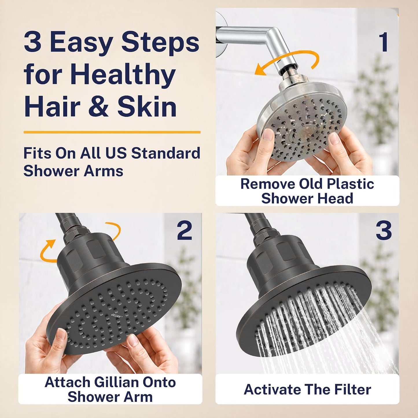 Gillian™ by HammerHead High Pressure Shower Head with Filter – Genuine KDF-55 Filtered Shower Head for Hard Water, Healthier Skin & Hair – Metal 6-Inch Rainfall Showerhead with Filters, Chrome