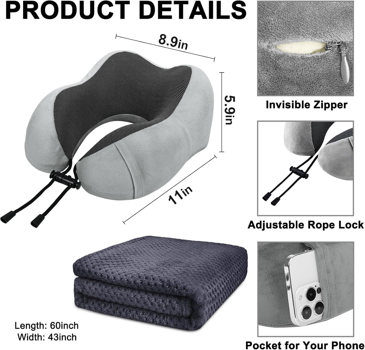 urnexttour Travel Pillow and Blanket Set Neck Pillow Airplane Foam Black
