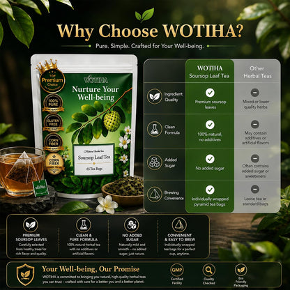 WOTIHA Premium Soursop Tea Bags (65 Count) - 100% Natural Graviola Leaves Made With Corn Fiber Tea Bag Food-Grade Biodegradable Herbal Tea - Sugar/Caffeine/Gluten Free Hoja Guanabana