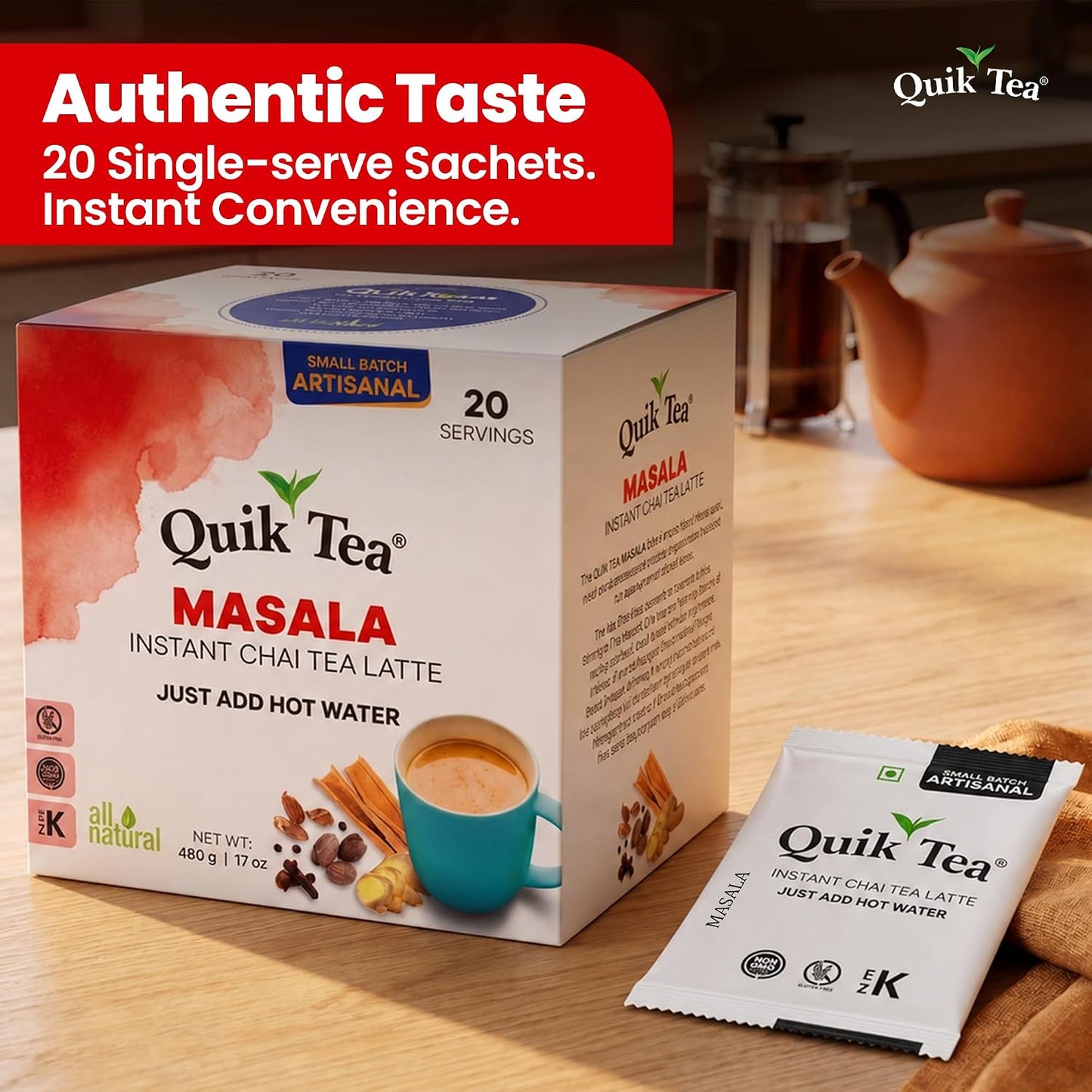 QuikTea Instant Chai Tea Latte Mix, Cardamom, Unsweetened, 10 Sachets