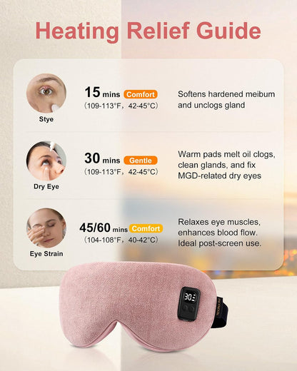 Heated Eye Mask for Dry Eyes: Warm Compress for Digital Tired Eyes, Stye Relief - Cordless, Adjustable Heat & Timer Settings - Airplane/Road Travel, Sleep aid, Office nap Pink