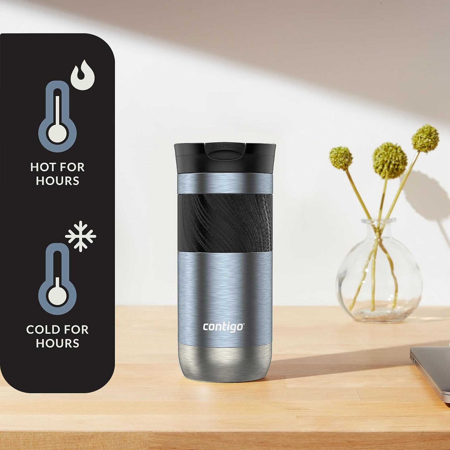 Contigo SNAPSEAL Insulated Stainless Steel Travel Mug with Grip 20oz. Blue Corn Transparent Satin & Midnight Berry