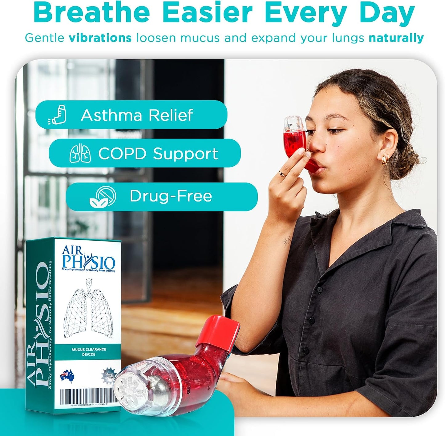 AirPhysio | Drug-Free Portable Breathing Trainer Device for Lungs | Breathe Better, Improve Lung Health & Mucus Clearance | Average Lung Capacity Device | Made in Australia
