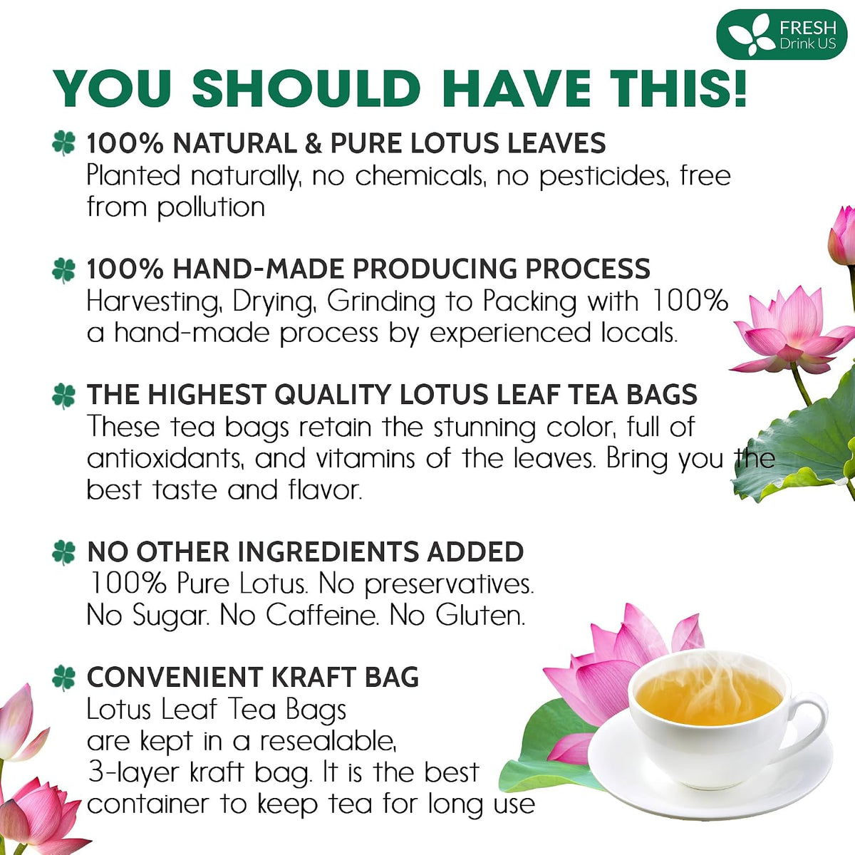 FreshDrinkUS, Premium Lotus Leaf Tea Bag, 135 Count, Pure, Caffeine Free