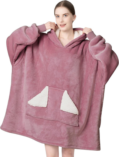 Touchat Wearable Blanket Hoodie, Oversized Sherpa Blanket Sweatshirt with Hood Pocket and Sleeves, Super Soft Warm Plush Hooded Blanket for Adult Women Men, One Size Fits All (Pink)