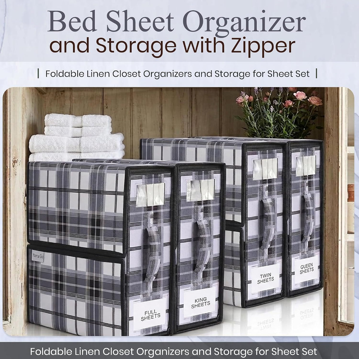 4 Pack Bed Sheet Organizer and Storage with Zipper – Linen Closet Organizers for Full, King, Queen & Twin Sheet Sets, Bedding Storage for Blankets and Duvet Covers, Black