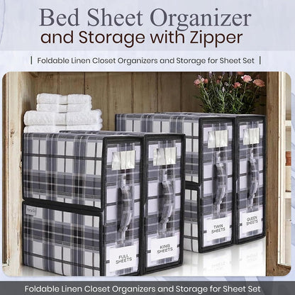 4 Pack Bed Sheet Organizer and Storage with Zipper – Linen Closet Organizers for Full, King, Queen & Twin Sheet Sets, Bedding Storage for Blankets and Duvet Covers, Black