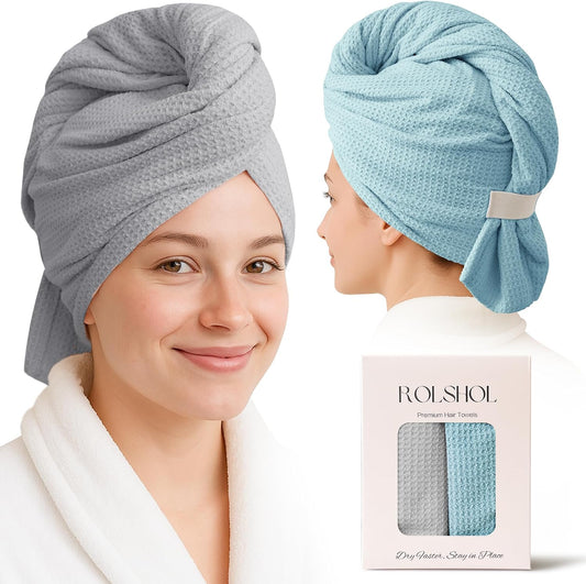 ROLSHOL 2 Pack Microfiber Hair Towel Wrap for Women, 32" x 11" Waffle Weave Hair Plopping Towel for Curly, Long & Thick Hair, Anti-Frizz Hair Turbans for Wet Hair (Pink, Grey)